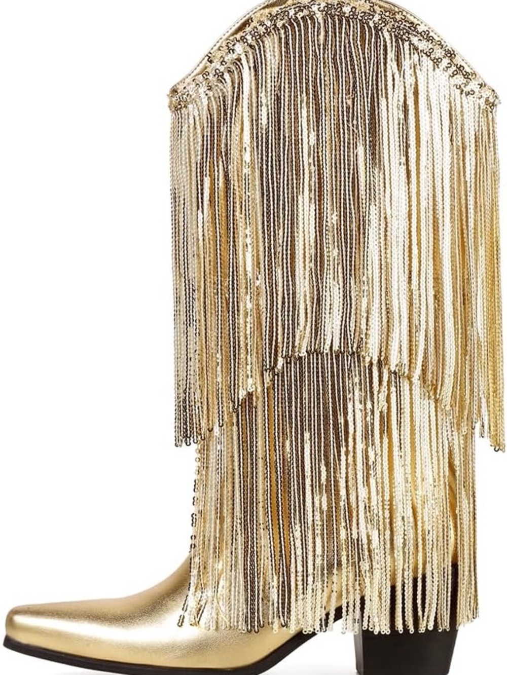 Gold Fringe Western Mid Calf Boots - Women's Metallic Festival Cowgirl Boot
